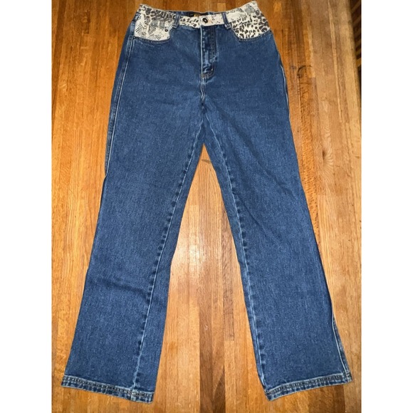 Vintage Route 66 Women 7/8 Blue Denim Animal Print Top‎ Y2K Straight Leg Jeans - Picture 1 of 6